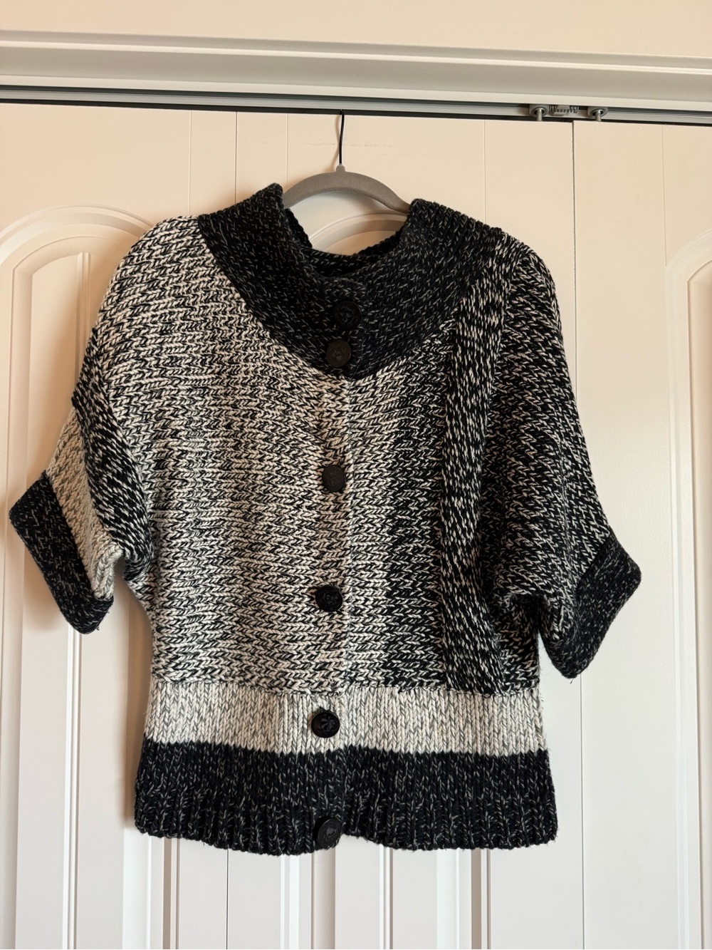 Chico's Black and White Marled Short-Sleeve Button Cardigan